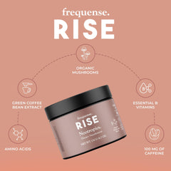 FREQUENSE Rise seven-mushroom blend close-up for brain-support ingredients.
