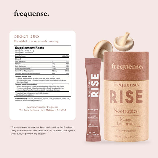 FREQUENSE Rise seven-mushrooms blend visual highlighting cognitive support potential.