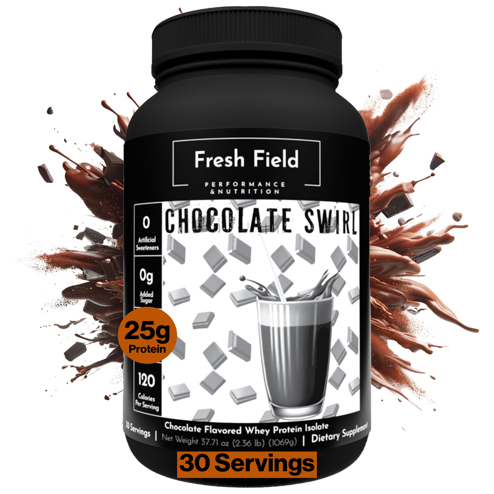 Fresh Field chocolate protein powder bag shows gluten-free and soy-free formula.