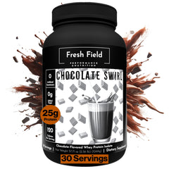 Fresh Field chocolate protein powder bag shows gluten-free and soy-free formula.