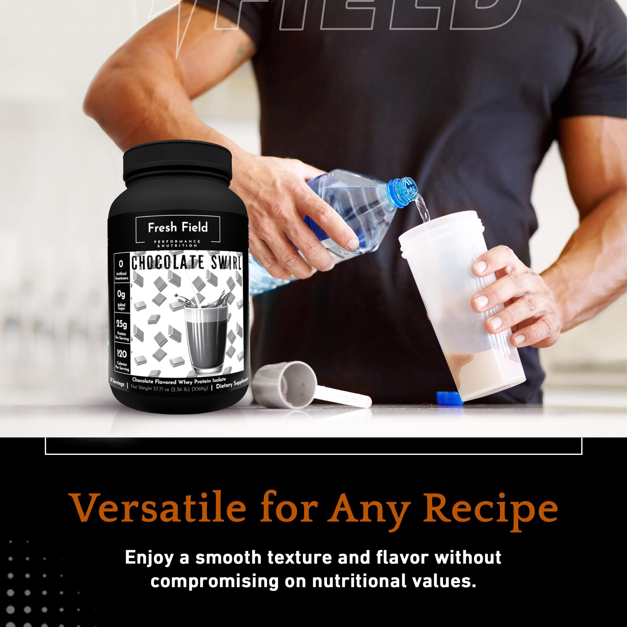 Fresh Field chocolate protein powder for baking and snacks.