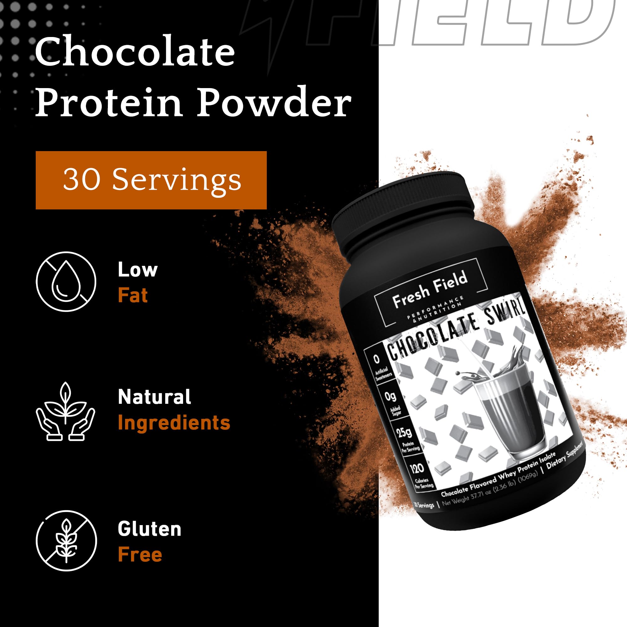 Fresh Field chocolate protein powder bottle ideal for post-workout shakes.