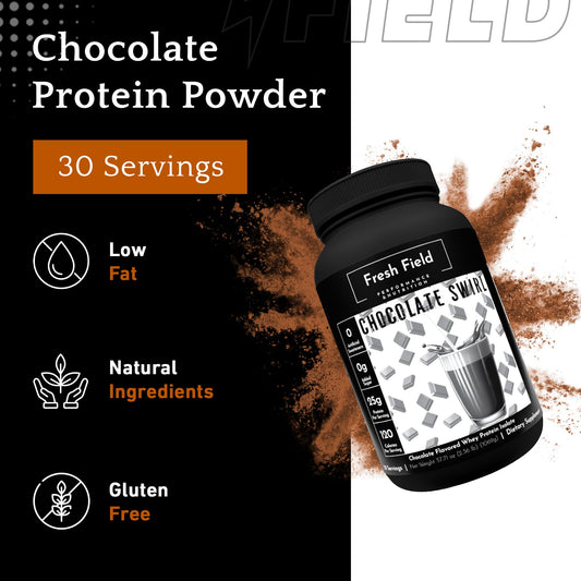 Fresh Field chocolate protein powder bottle ideal for post-workout shakes.