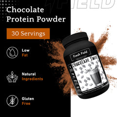 Fresh Field chocolate protein powder bottle ideal for post-workout shakes.