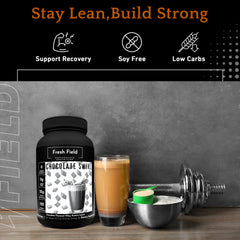 Fresh Field chocolate protein powder serving, ideal with water or plant milk.