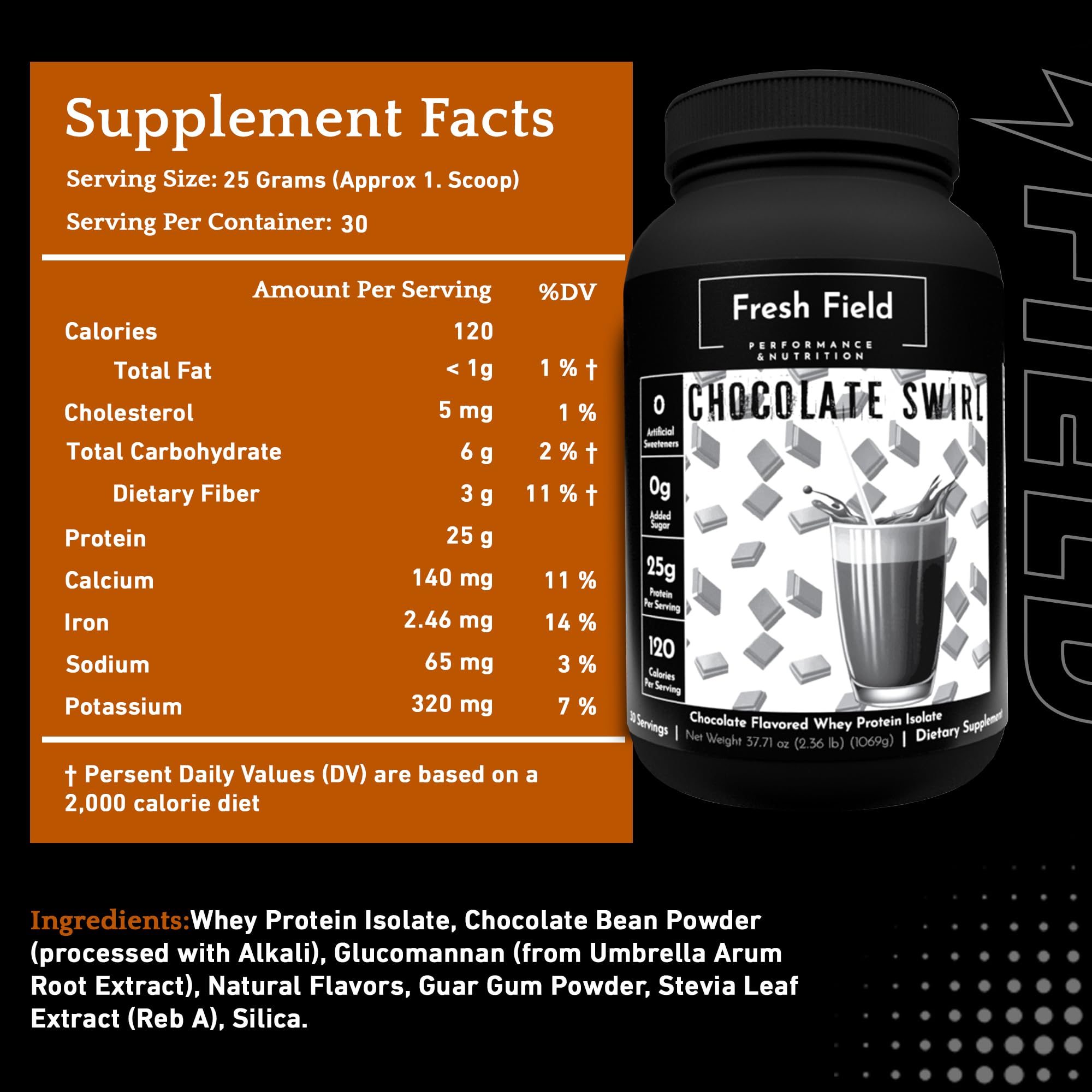 Fresh Field chocolate protein powder shake glass ready for a smoothie.