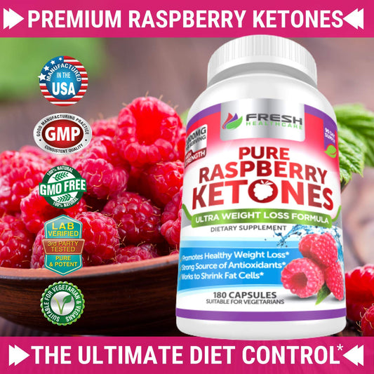 Fresh Healthcare Raspberry Ketones bottle side view for easy daily intake