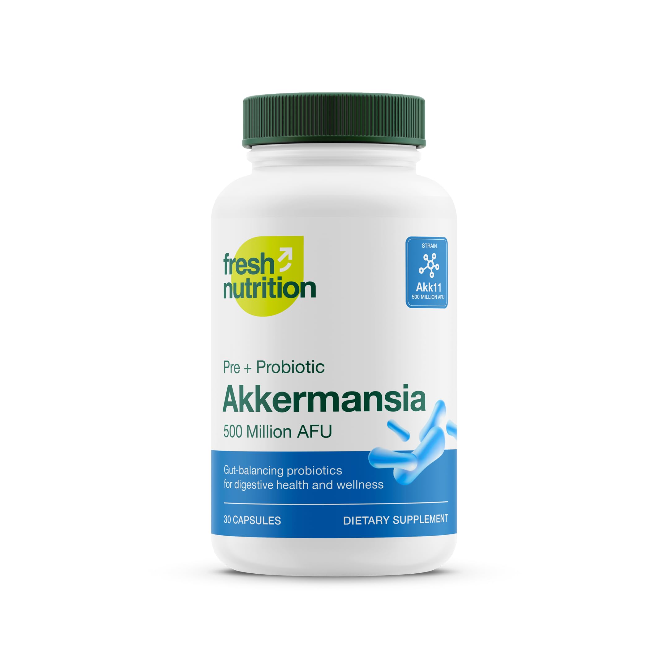 Fresh Nutrition Akkermansia bottle shows high-potency probiotic for gut balance