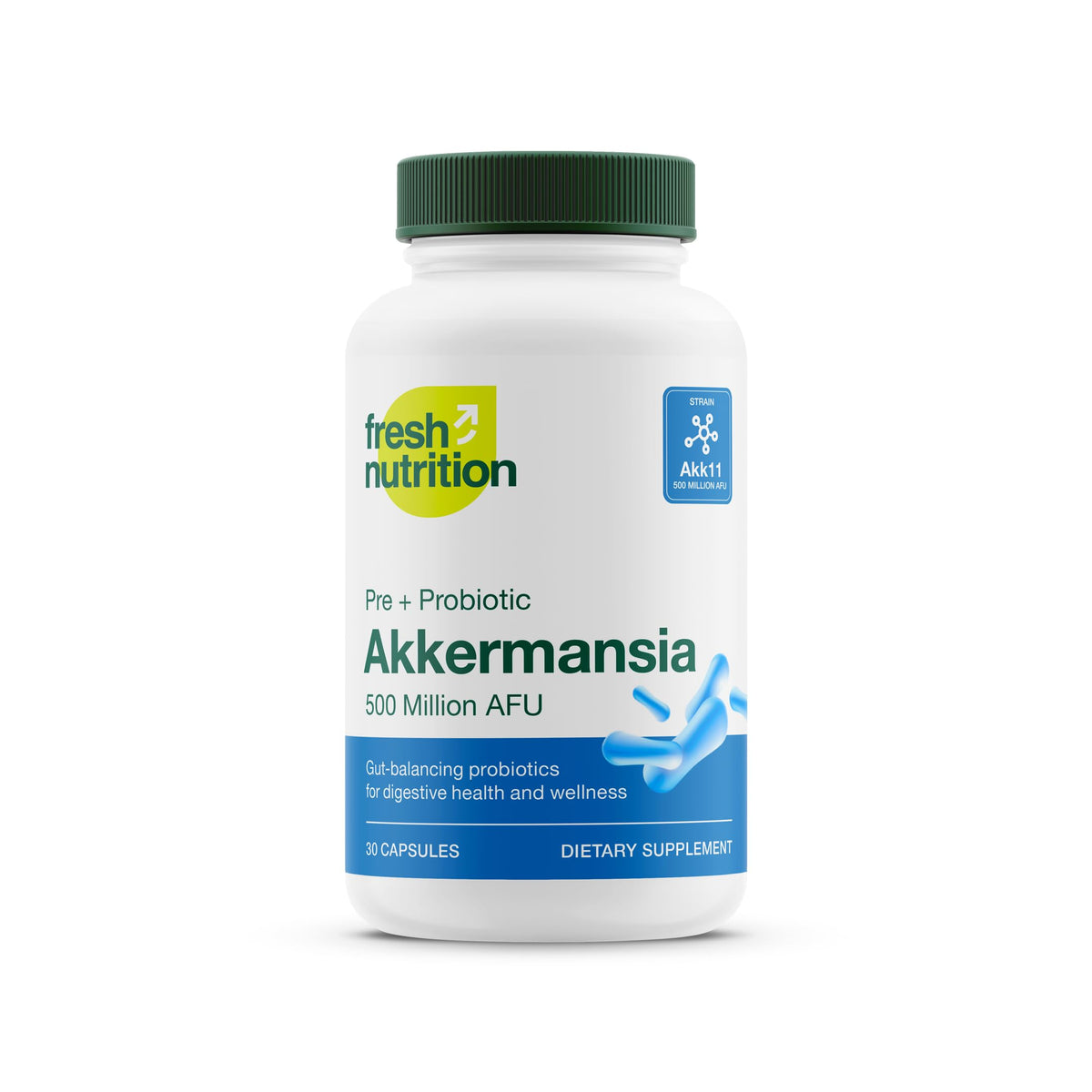 Fresh Nutrition Akkermansia bottle shows high-potency probiotic for gut balance