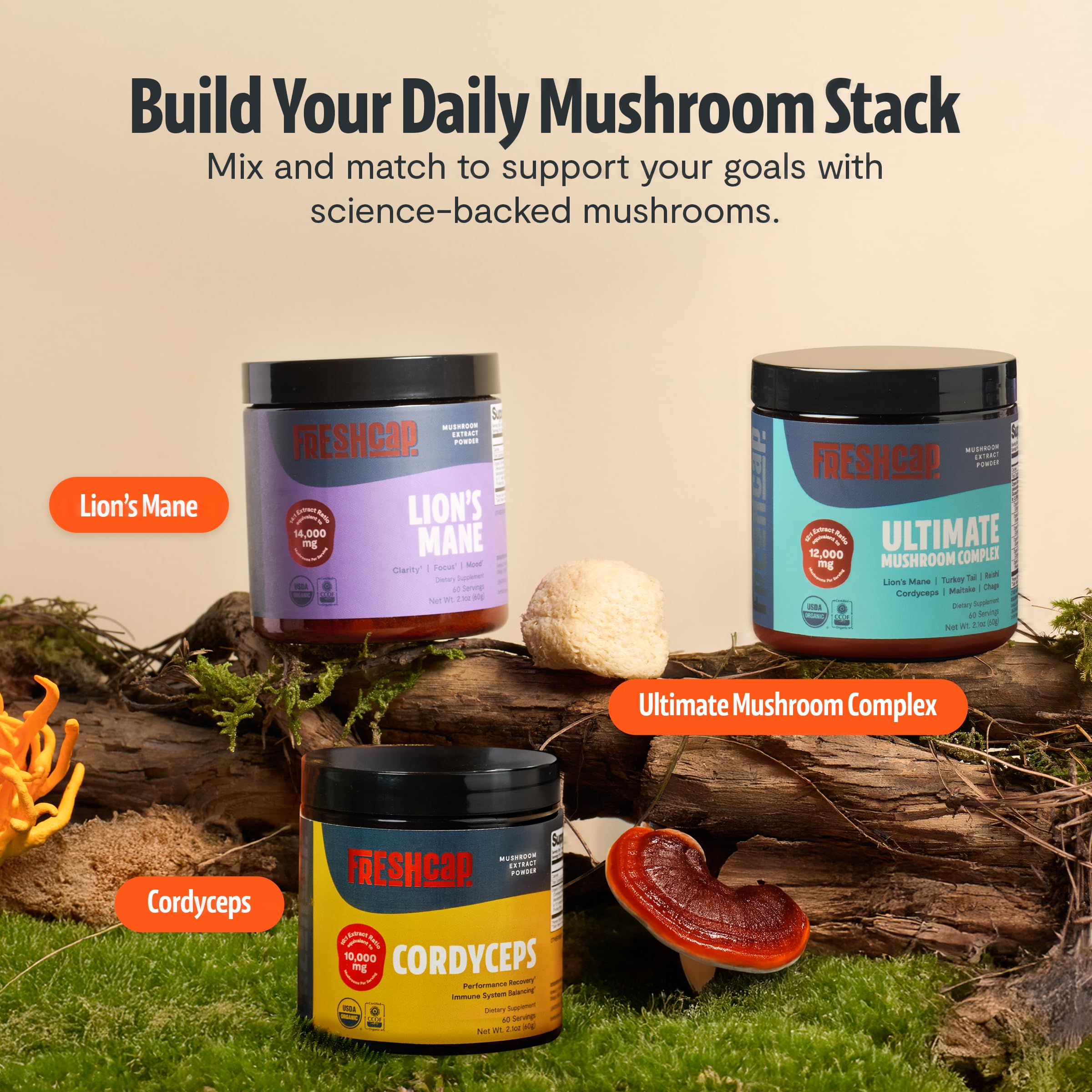 Eco-friendly packaging from FreshCap Mushrooms for sustainable supplement habits