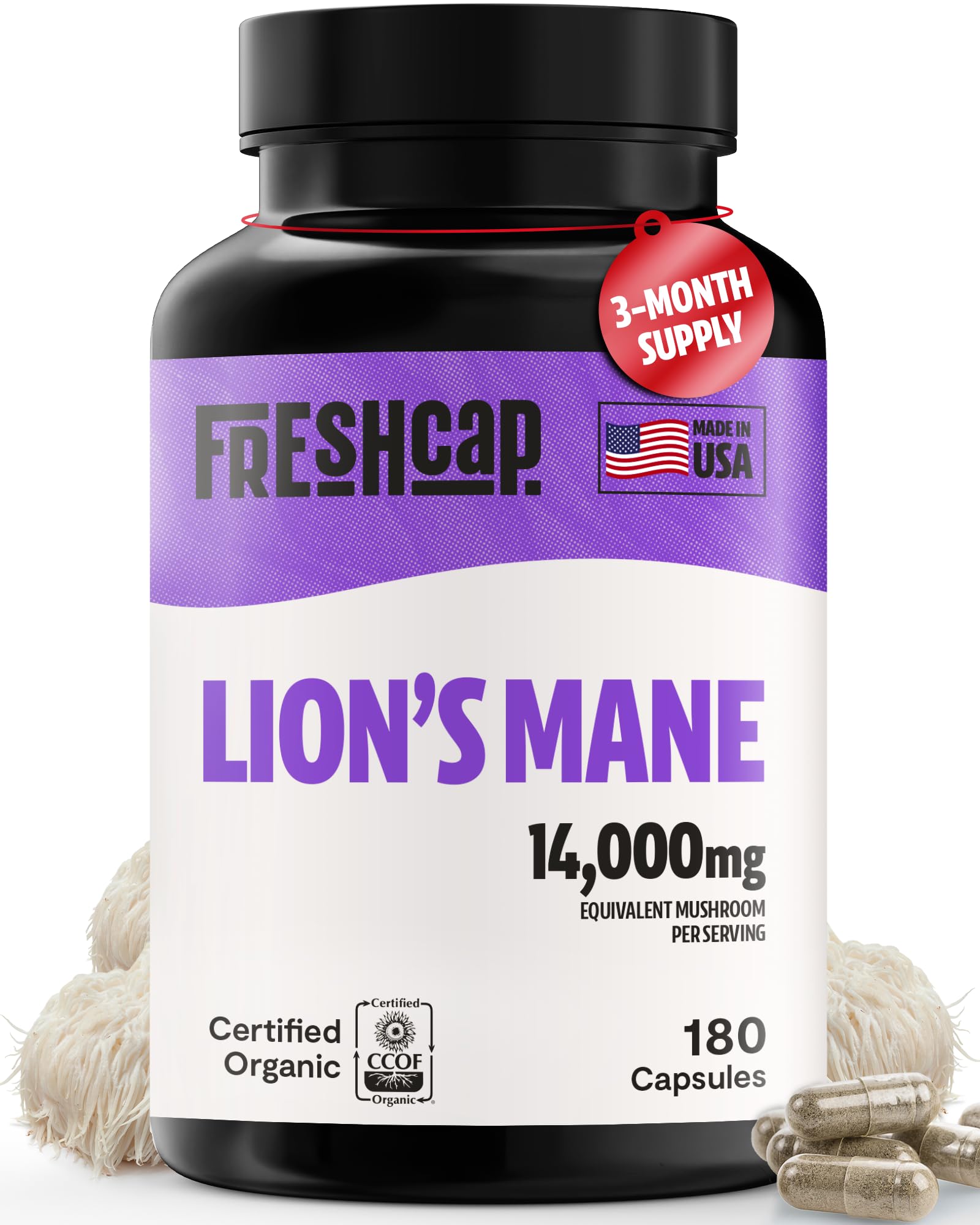 FreshCap Lions Mane bottle front showing label and 14,000 mg potency for daily mental clarity