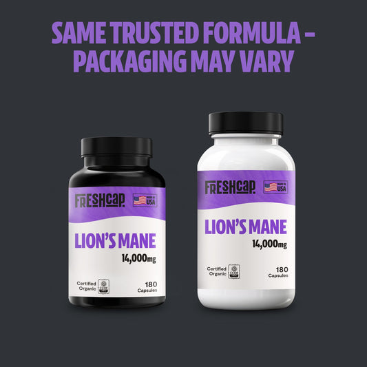 Close-up of FreshCap Lions Mane capsules for easy daily use