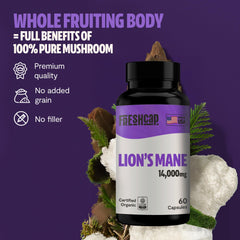 Vegan and gluten-free icons on FreshCap Lions Mane packaging