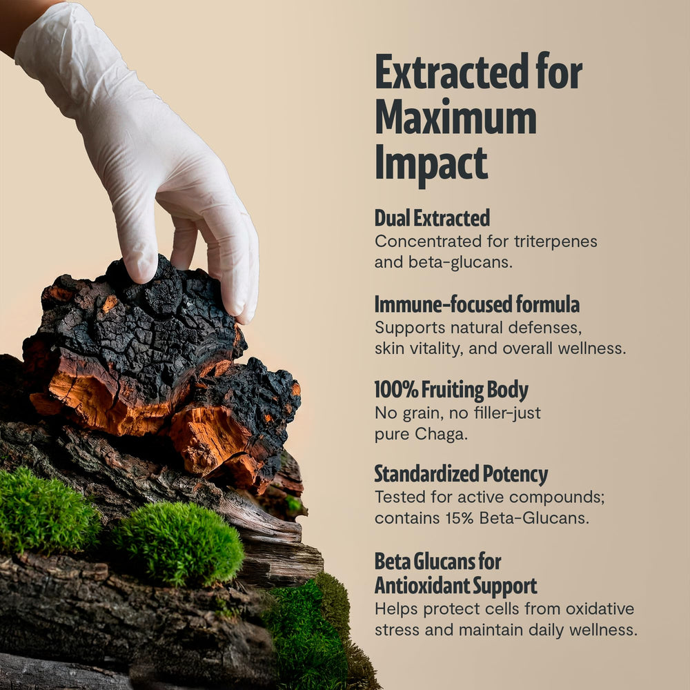 FreshCap Mushrooms Chaga capsules label with organic and non-GMO details