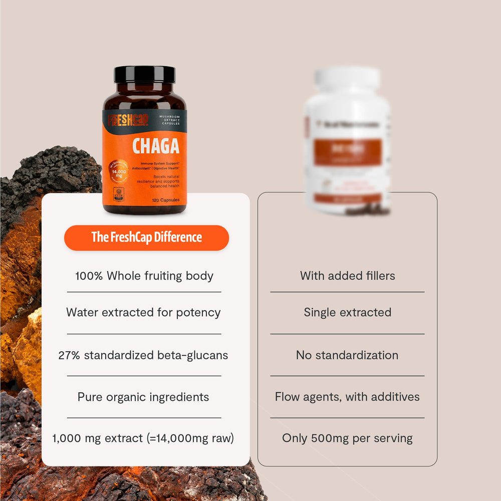 FreshCap Mushrooms Chaga capsules pictured with water for intake