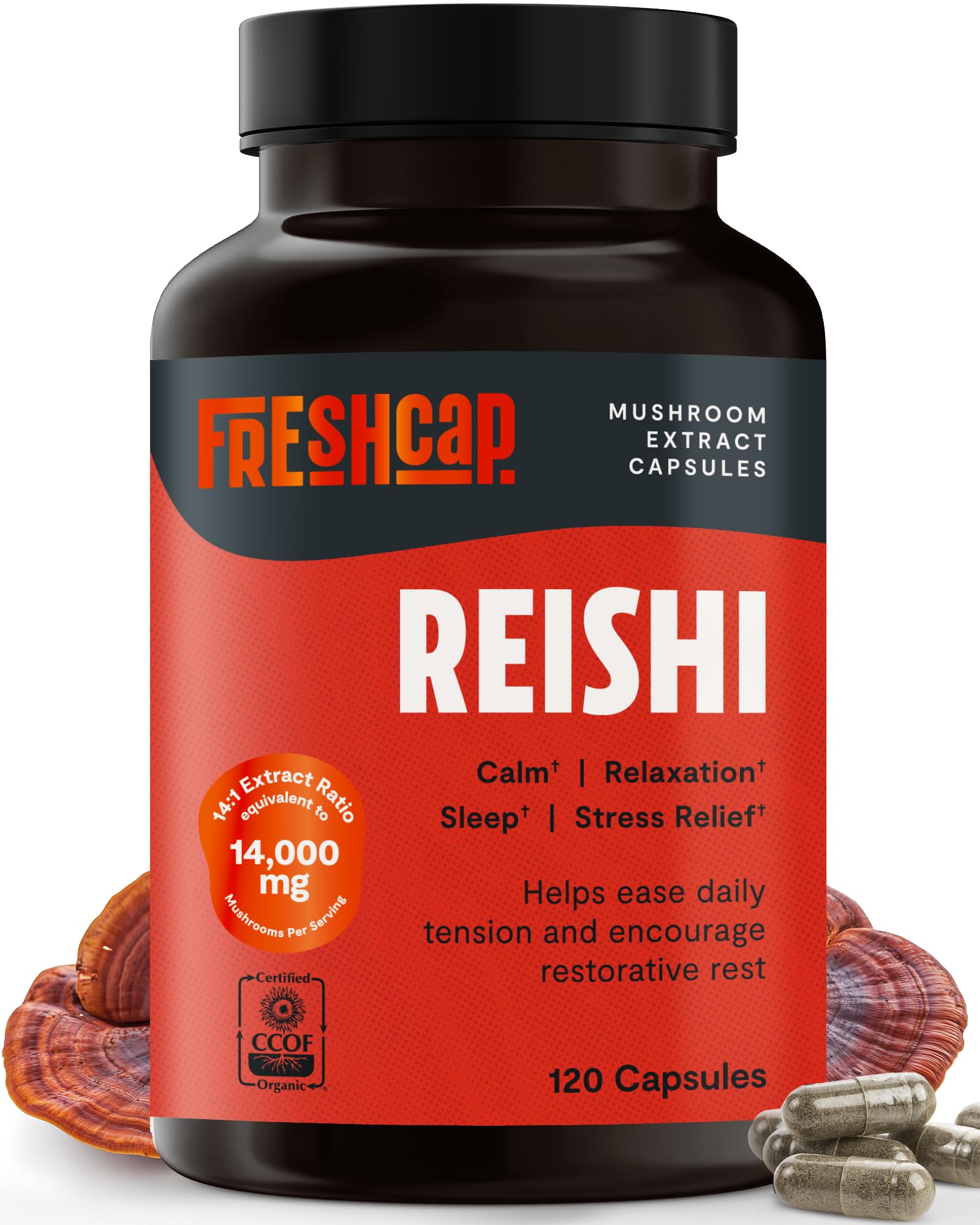 FreshCap Mushrooms Reishi bottle for daily calm and wellness.
