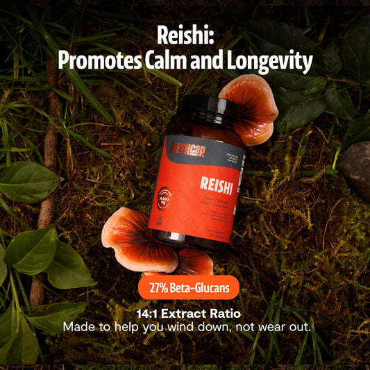 FreshCap Mushrooms Reishi capsules arranged for daily use.