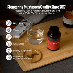 Relaxation-friendly scene with Reishi capsules on table.