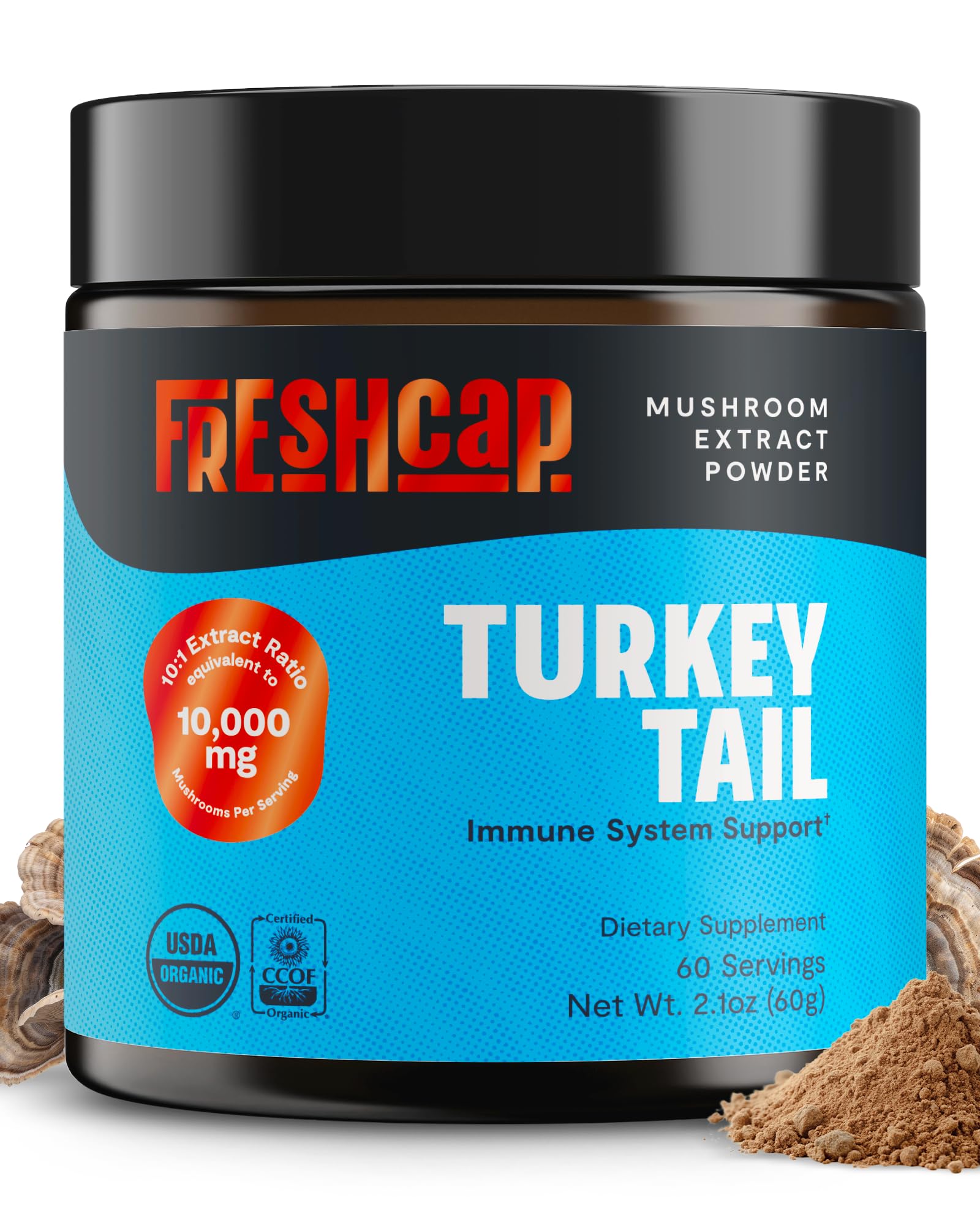 FreshCap Mushrooms Turkey Tail powder bottle front view for daily immune support.