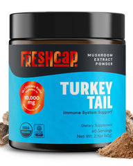 FreshCap Mushrooms Turkey Tail powder bottle front view for daily immune support.