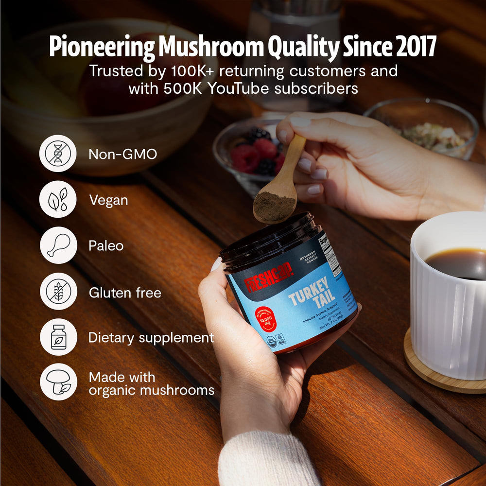 FreshCap Mushrooms Turkey Tail powder container with spoon emphasizes bioavailability.