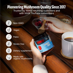FreshCap Mushrooms Turkey Tail powder container with spoon emphasizes bioavailability.