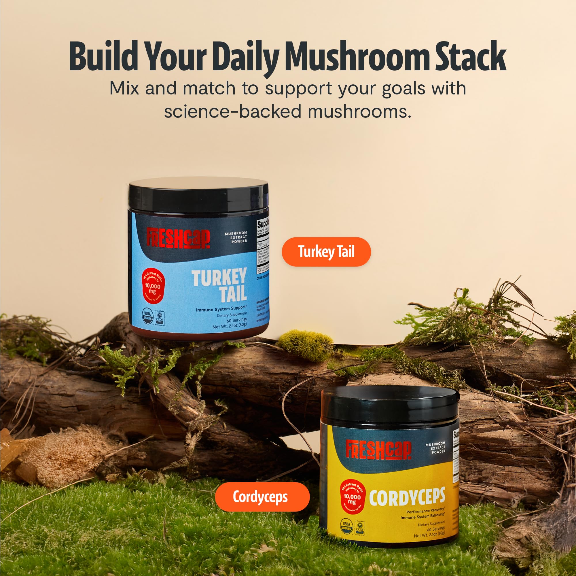 FreshCap Mushrooms Turkey Tail powder on shelf signals vegan and gluten-free suitability.