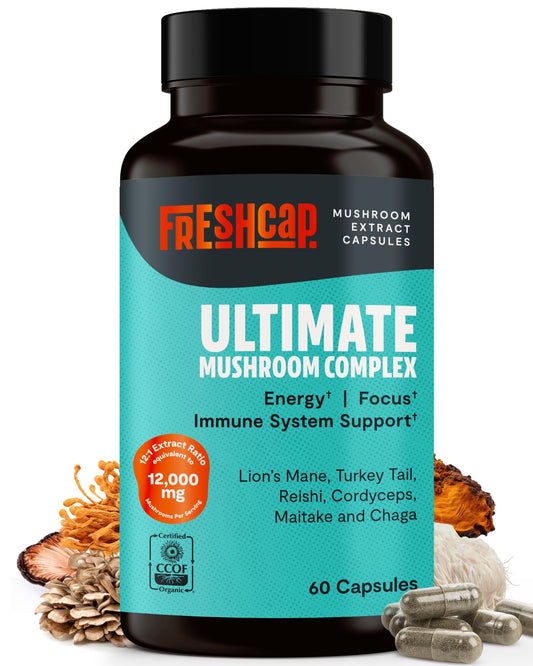 FreshCap Mushrooms Ultimate bottle shown for daily supplementation convenience