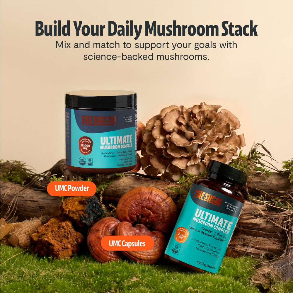 Ingredients panel on FreshCap packaging showing triple-extracted mushrooms