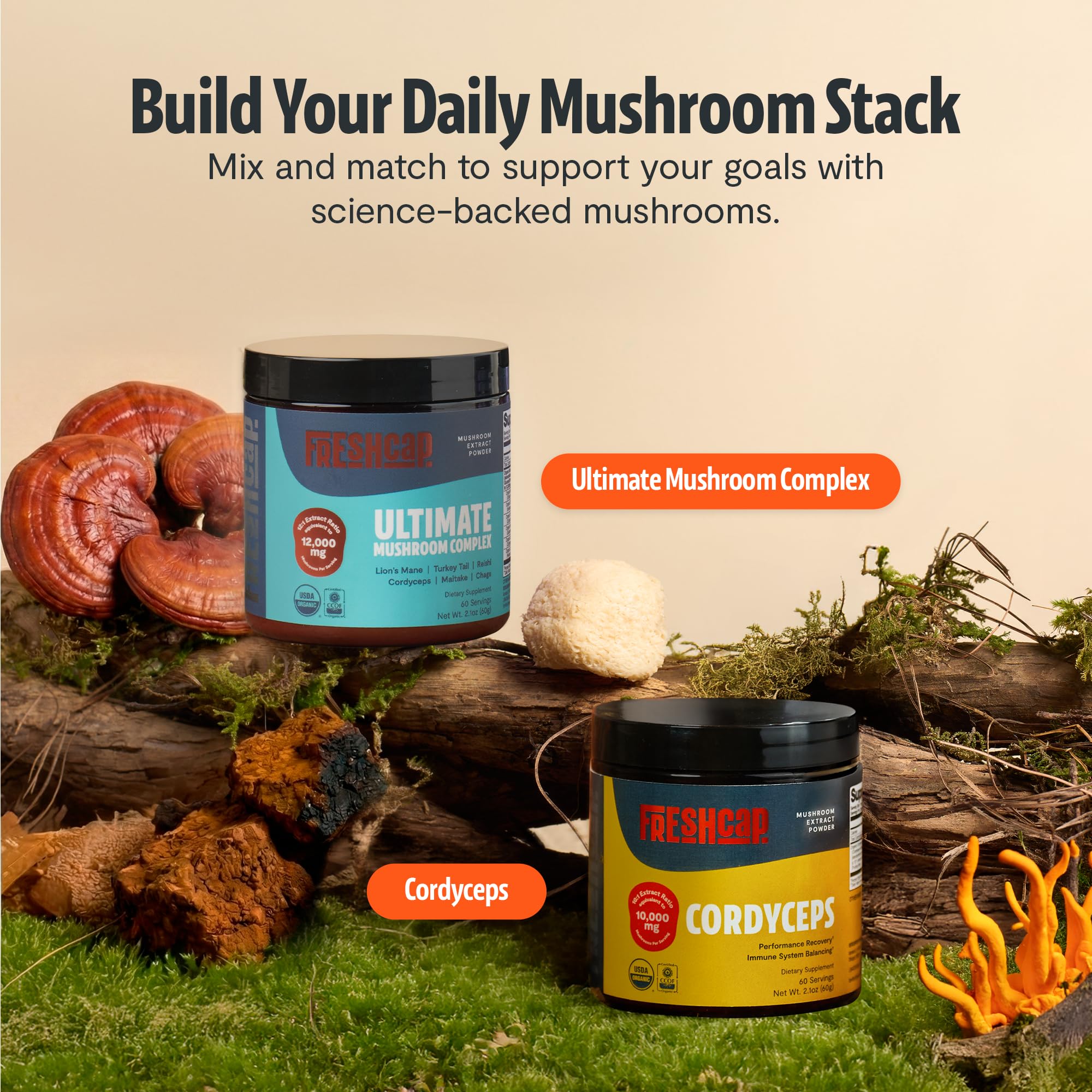 Lifestyle shot implying focus support during work or study with FreshCap Mushrooms.