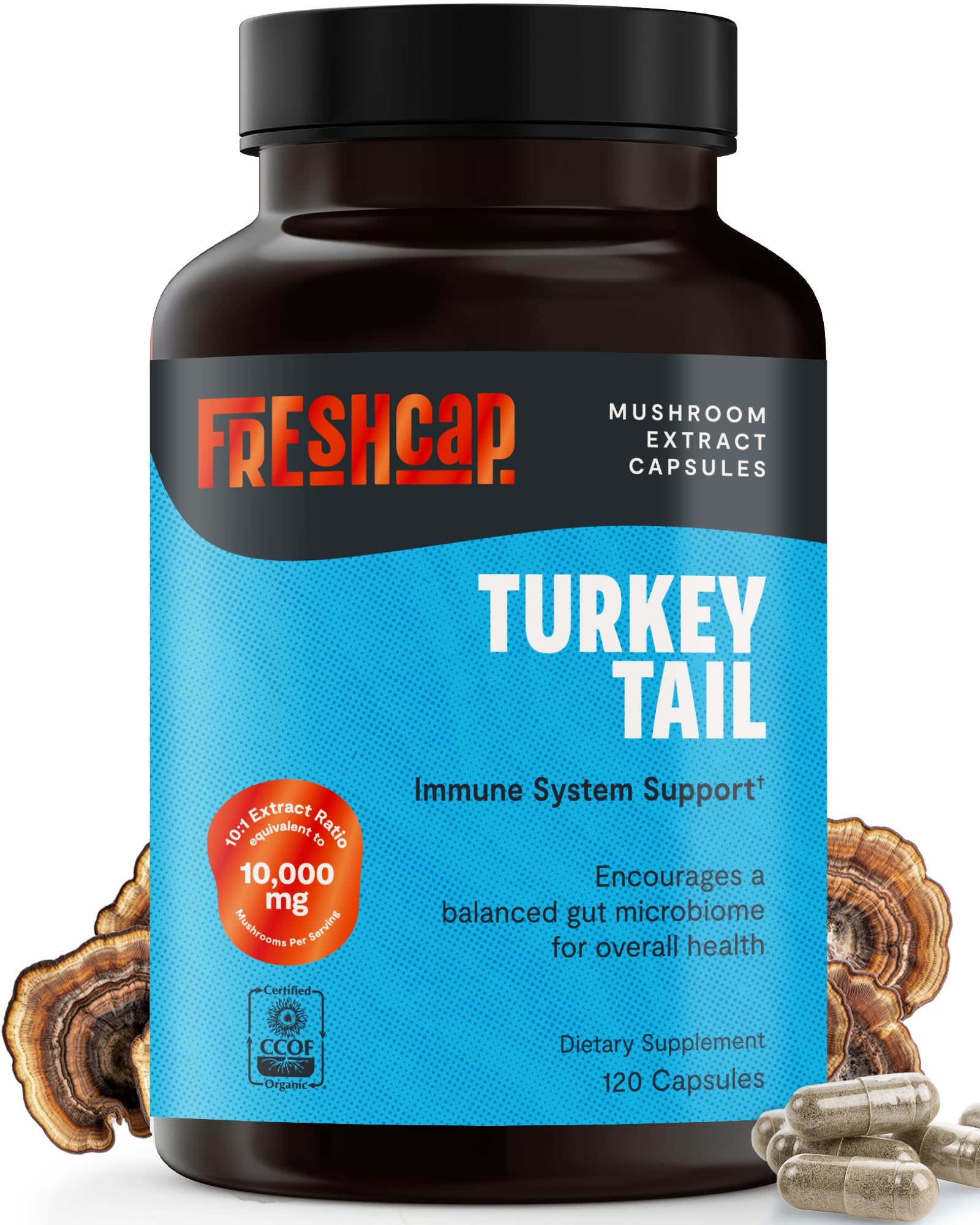 FreshCap Turkey Tail bottle front for immune wellness support.