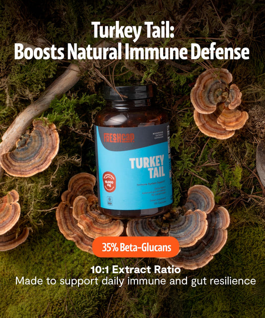 FreshCap Turkey Tail capsules close-up highlighting dosage.