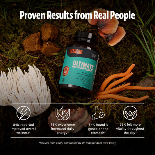 FreshCap Ultimate Mushroom Capsule closeup shows easy-to-swallow capsules for daily routine.
