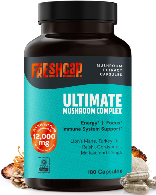 FreshCap Ultimate Mushroom Supplement bottle with a potent 12,000 mg blend for daily wellness.