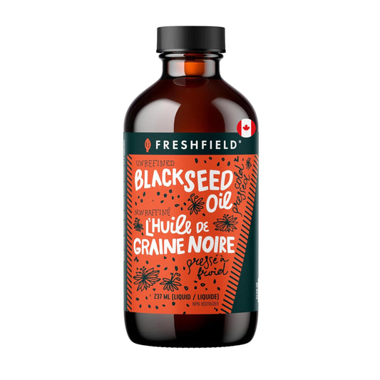A side view of Freshfield Black Seed Oil bottle in premium glass packaging preserves freshness.