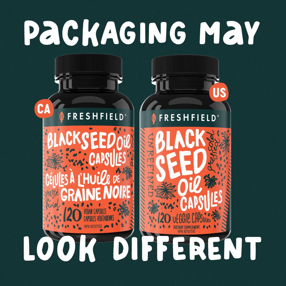 Freshfield black seed oil capsules eco packaging illustration emphasizes plastic-negative program.