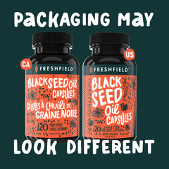 Freshfield black seed oil capsules eco packaging illustration emphasizes plastic-negative program.