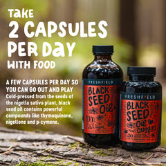 Freshfield black seed oil capsules packaging box highlights product packaging.