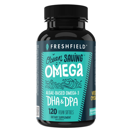 Freshfield Omega-3 DHA softgels bottle with vegan algae oil for daily wellness