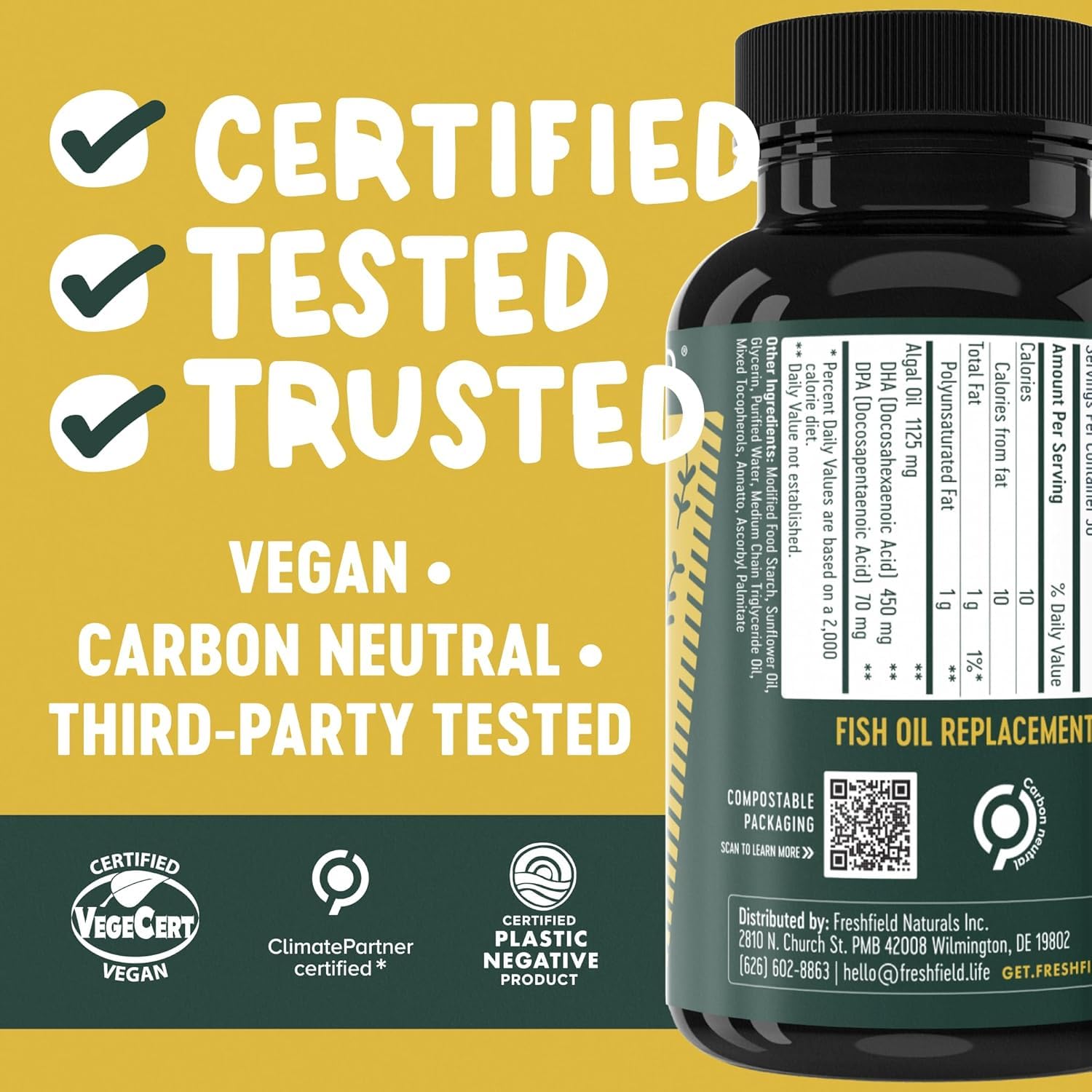 Freshfield Omega-3 third-party tested quality seal indicating reliable, safe supplementation