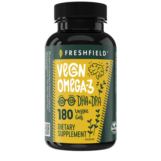Freshfield Vegan Omega-3 algae oil bottle highlighting safe algae source for heart and brain health