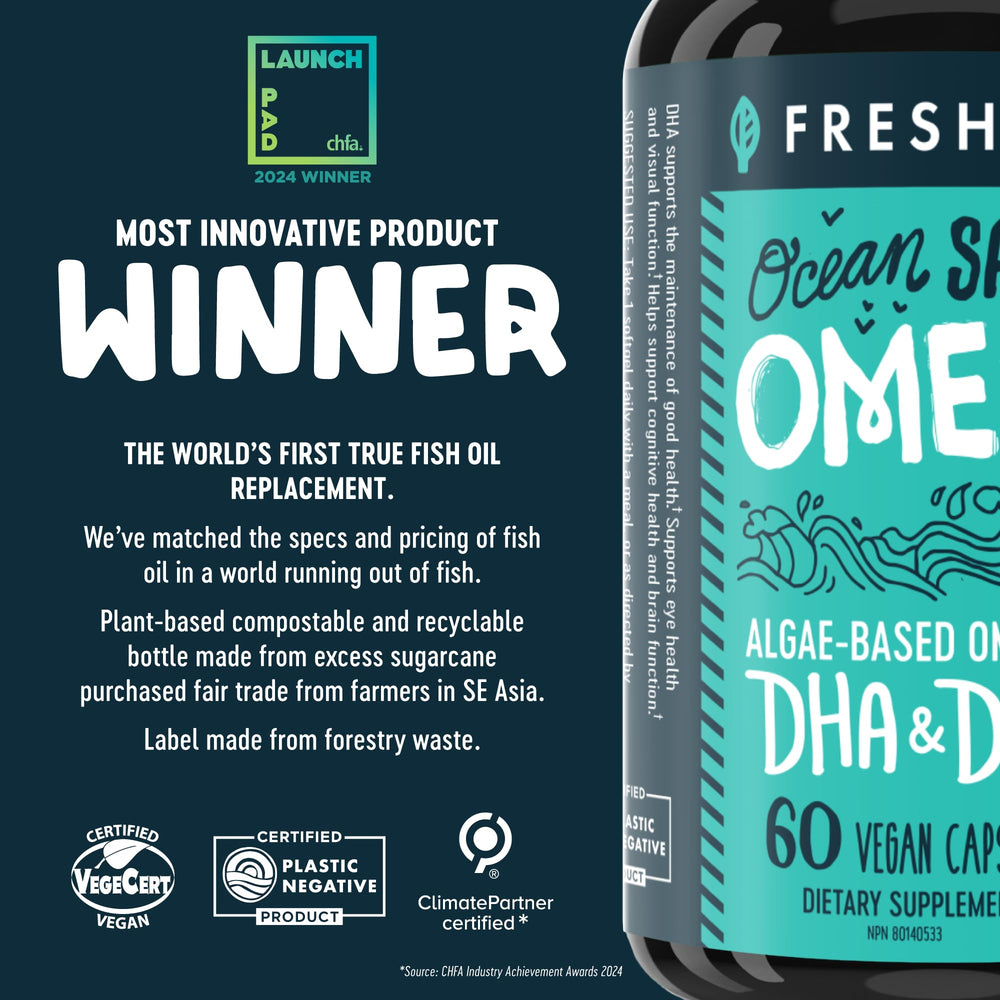 Freshfield algae-oil omega-3 bottle highlights plant-based source supporting sustainable living