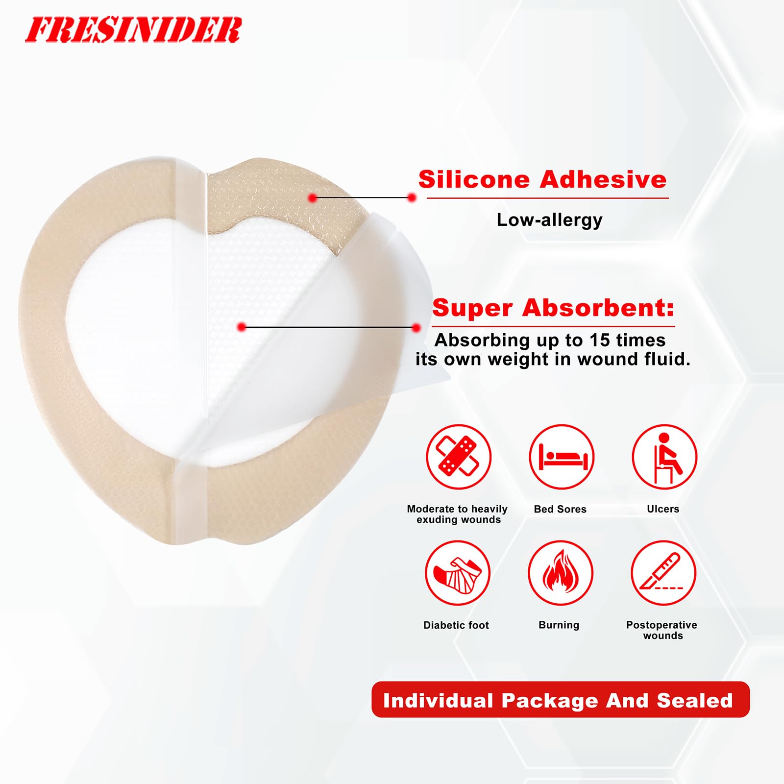 FRESINIDER border 7x7 sacral foam dressing demonstrates waterproof, breathable protection.