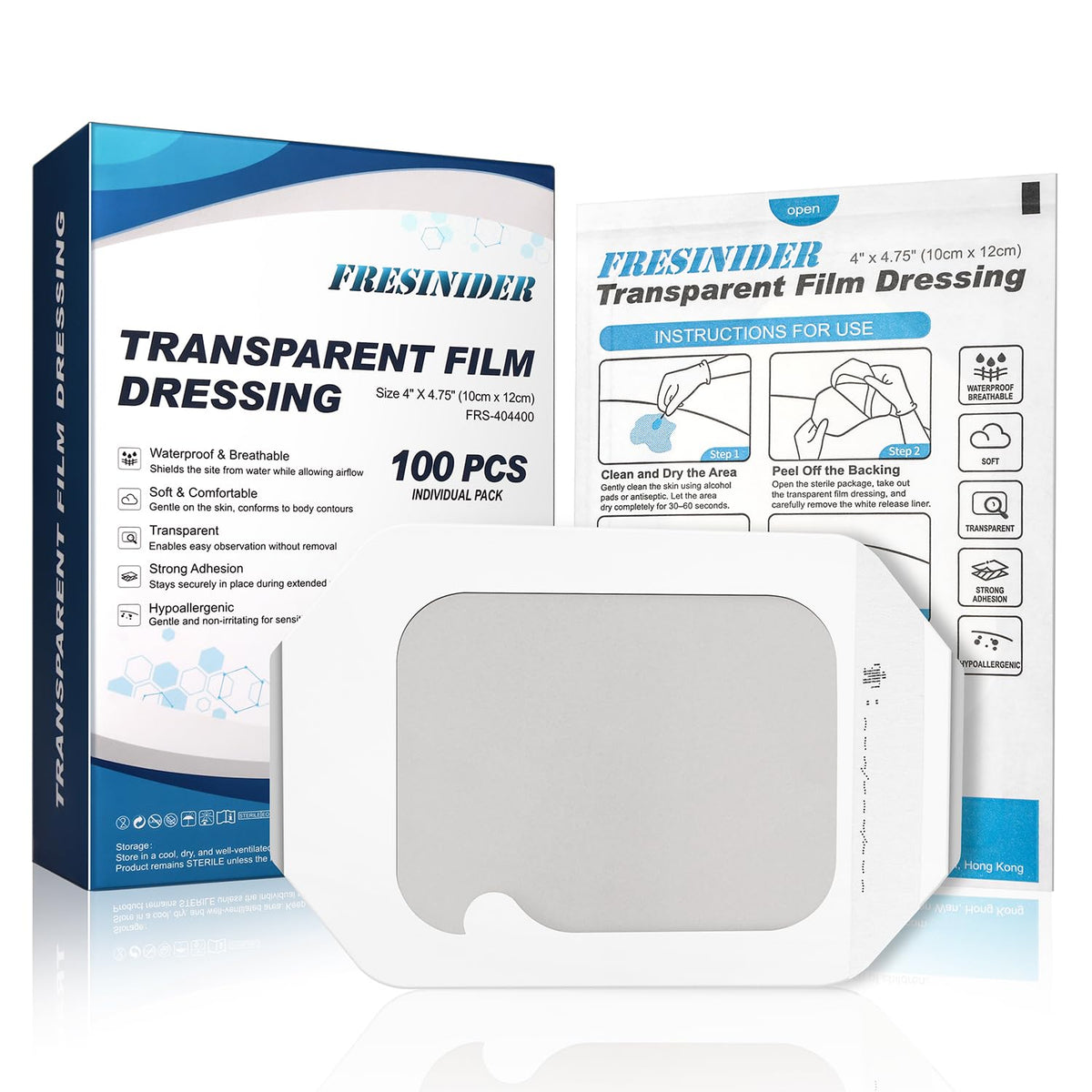 FRESINIDER transparent dressing packaging shown for clean on-the-go protection.