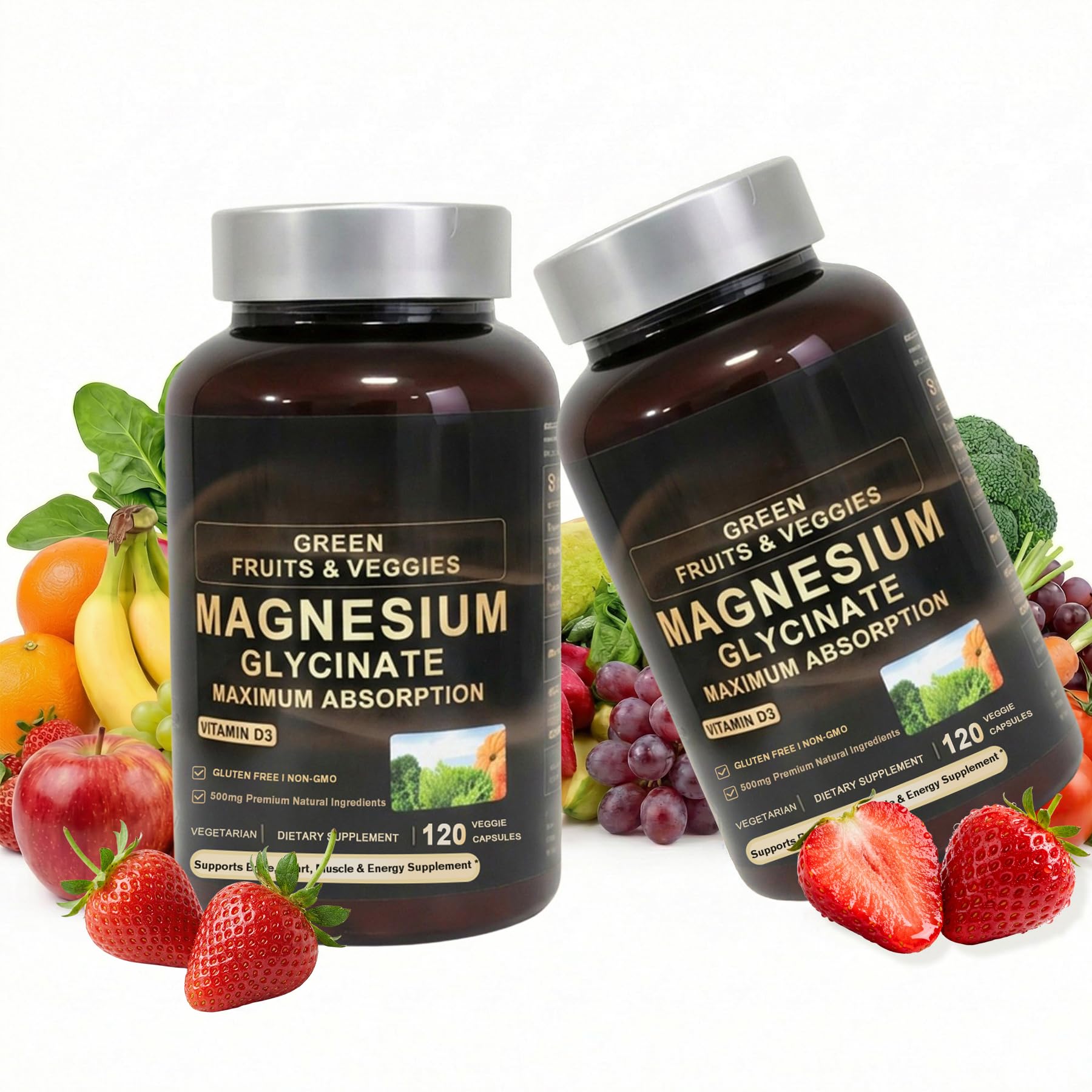 FrexNutri Magnesium Glycinate 500mg bottle with Vitamin D3 for daily support.