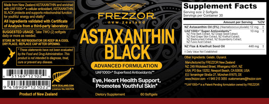 FREZZOR Astaxanthin Black softgels close-up for recovery and skin health.