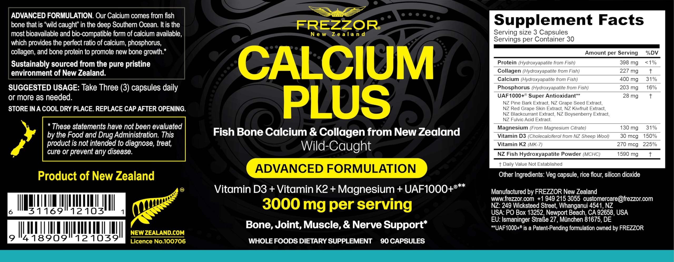 FREZZOR Calcium Plus label closeup highlights MCHC marine calcium for bone support