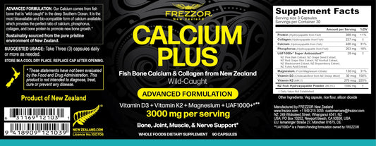 FREZZOR Calcium Plus label closeup highlights MCHC marine calcium for bone support