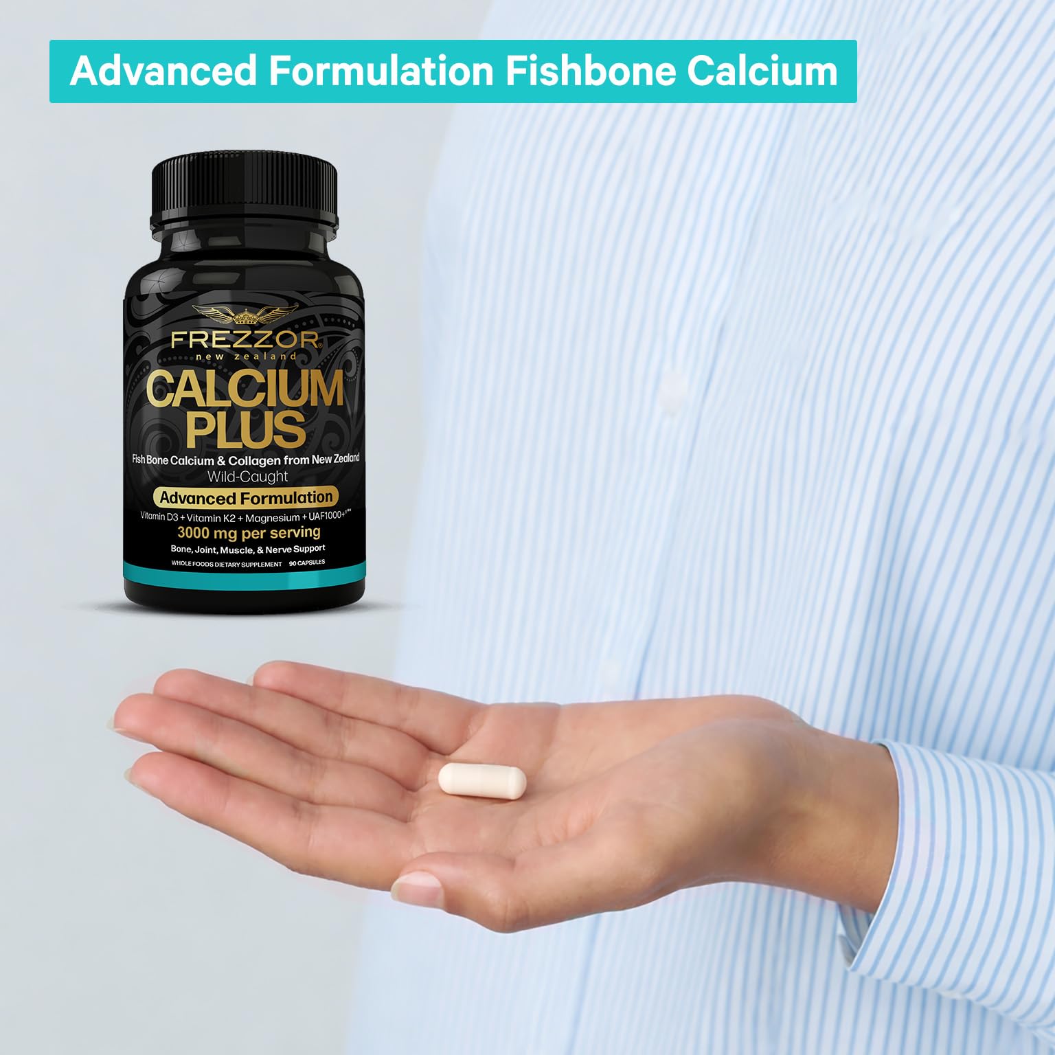 FREZZOR Calcium Plus New Zealand origin emphasizes sustainable fish bone calcium