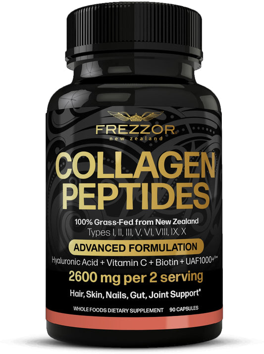 Frezzor Collagen Peptides bottle showcases grass-fed NZ source for skin and joint support